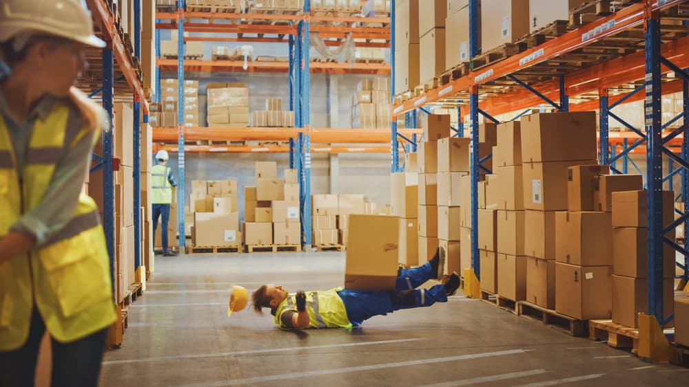 A worker lying on the warehouse floor, possibly injured, highlighting work-related injuries.