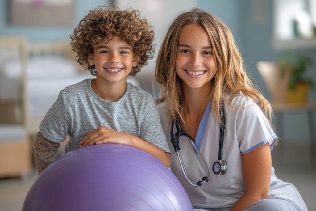 Happy Child on Violet Fitness Ball with Physiotherapist Kids Physiotherapy Rehabilitation Session
