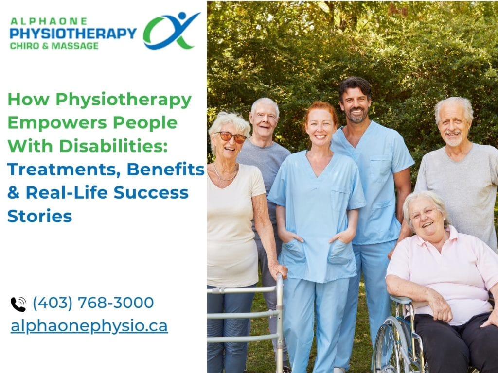 Group of smiling physiotherapists with elderly patients, including individuals using a wheelchair and walker, showcasing physiotherapy disabilities treatments in an outdoor setting.
