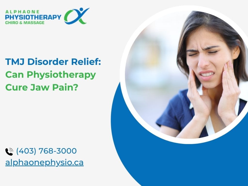 Woman experiencing jaw pain holding cheeks, TMJ disorder relief with physiotherapy at AlphaOne Physiotherapy.