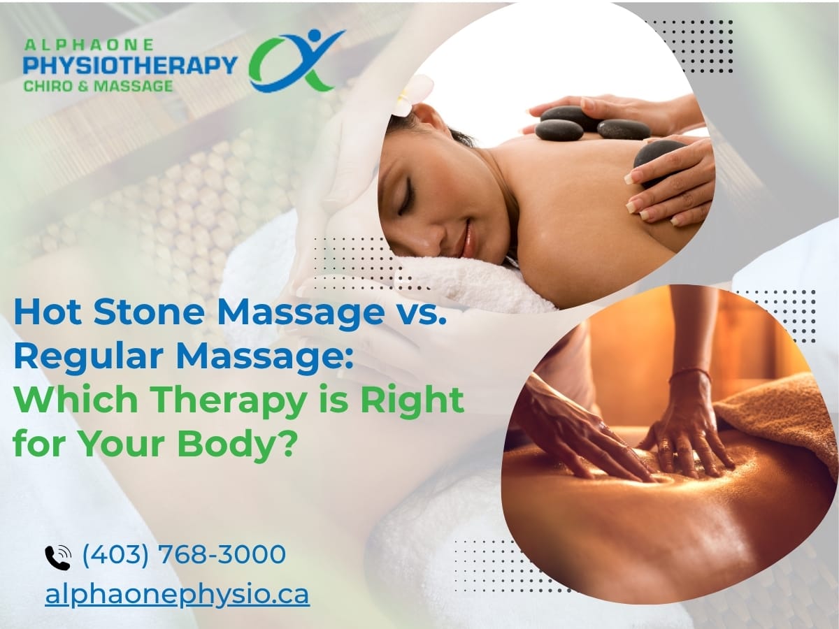 A relaxing hot stone massage vs regular massage are shown side by side to compare therapy benefits.
