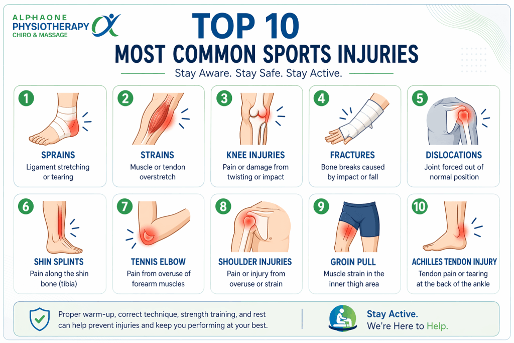 Visual grid of the 10 most common sports injuries affecting different body parts